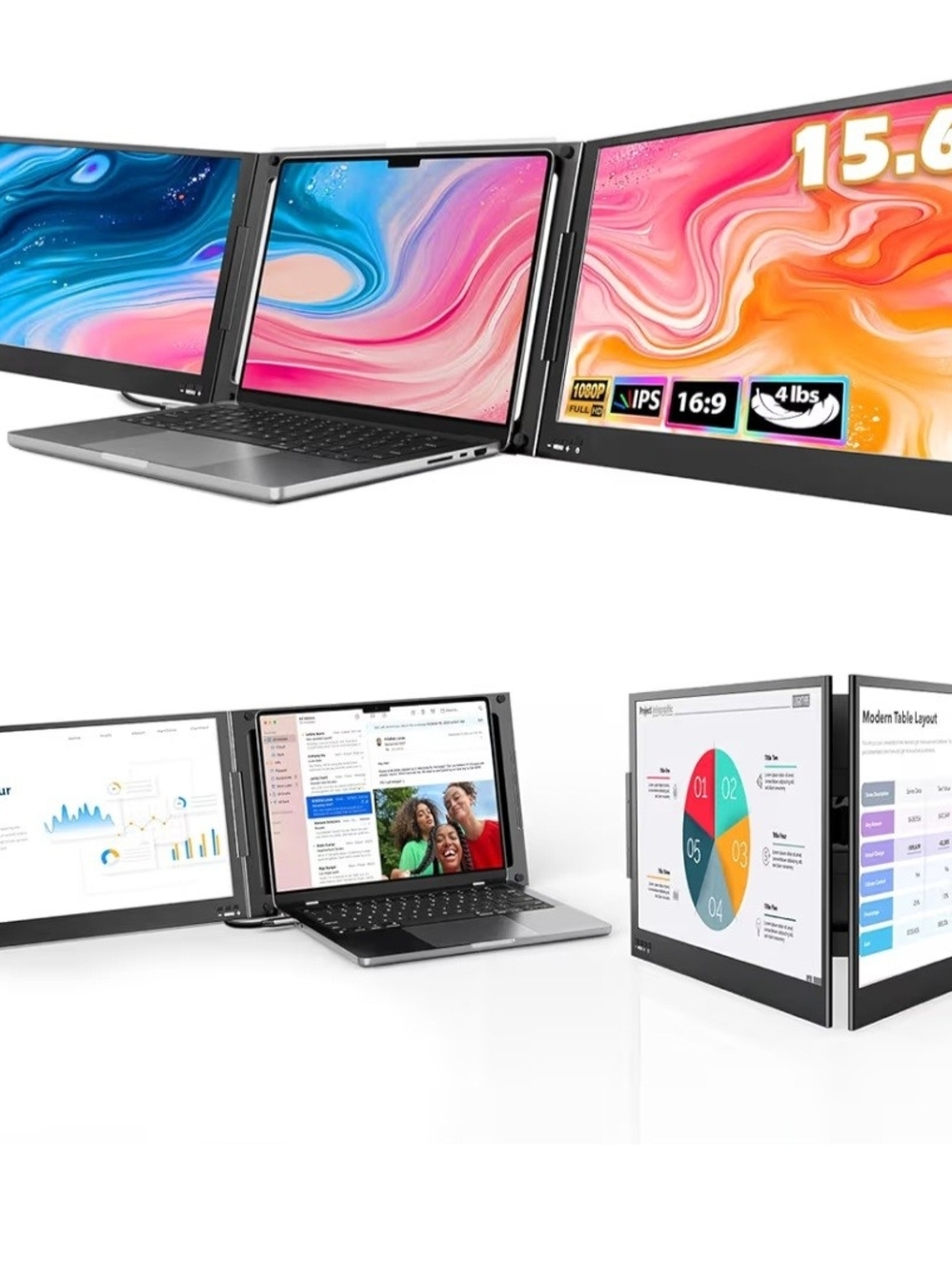 Portable Triple-Screen Laptop Monitor - Black